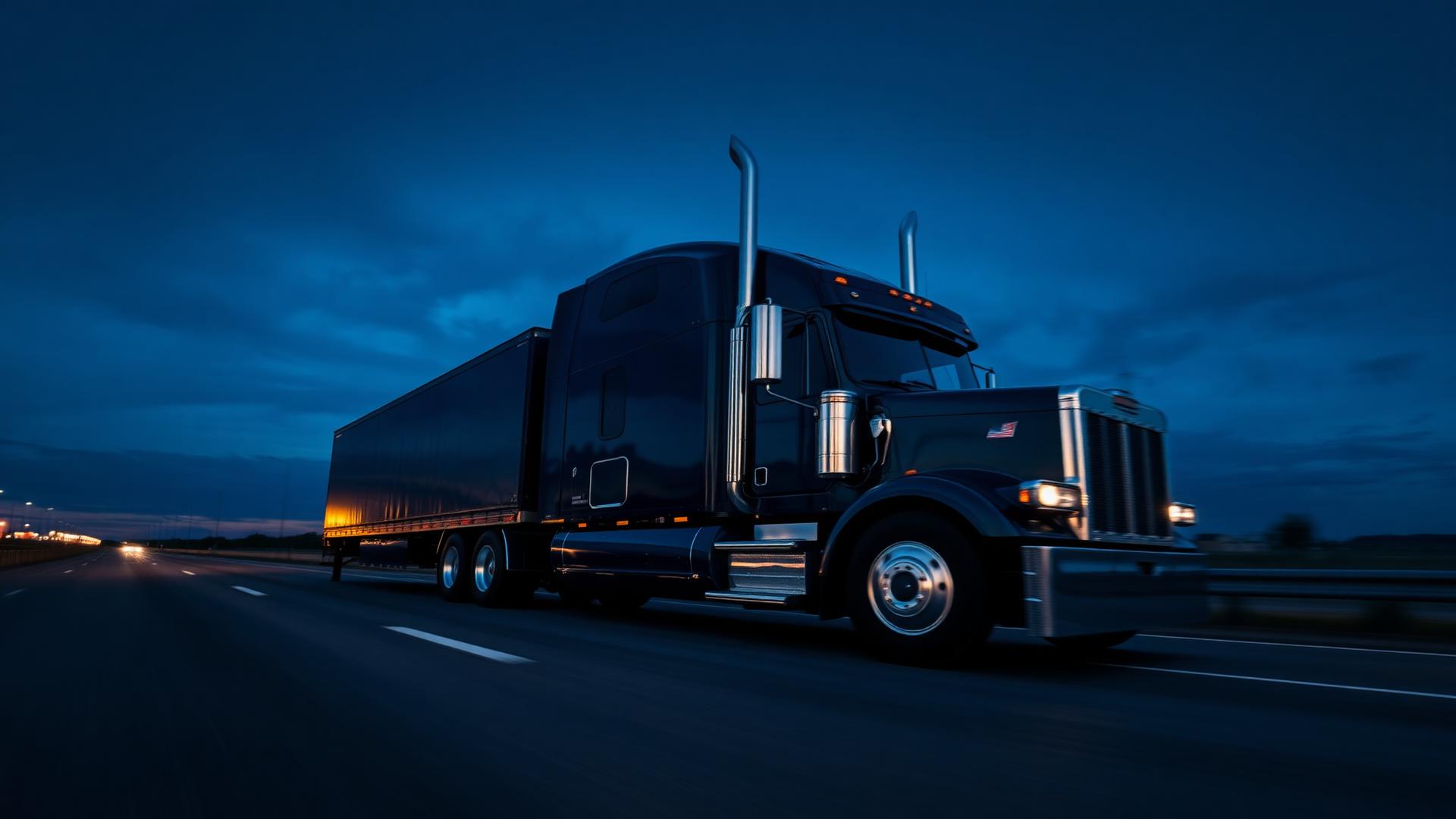 Semi-truck driving on a Texas highway at dusk